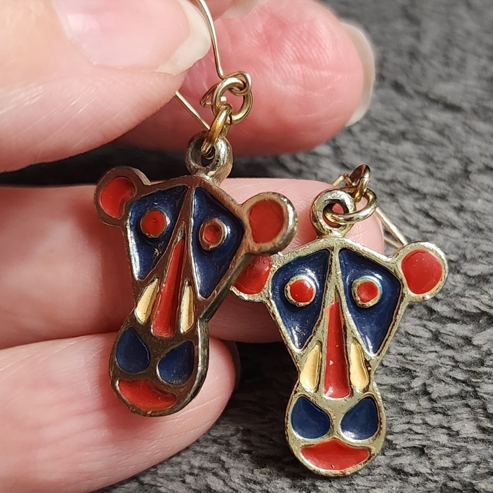 Vintage Red Blue Enamel Animal Earrings - Picture 2 of 2
